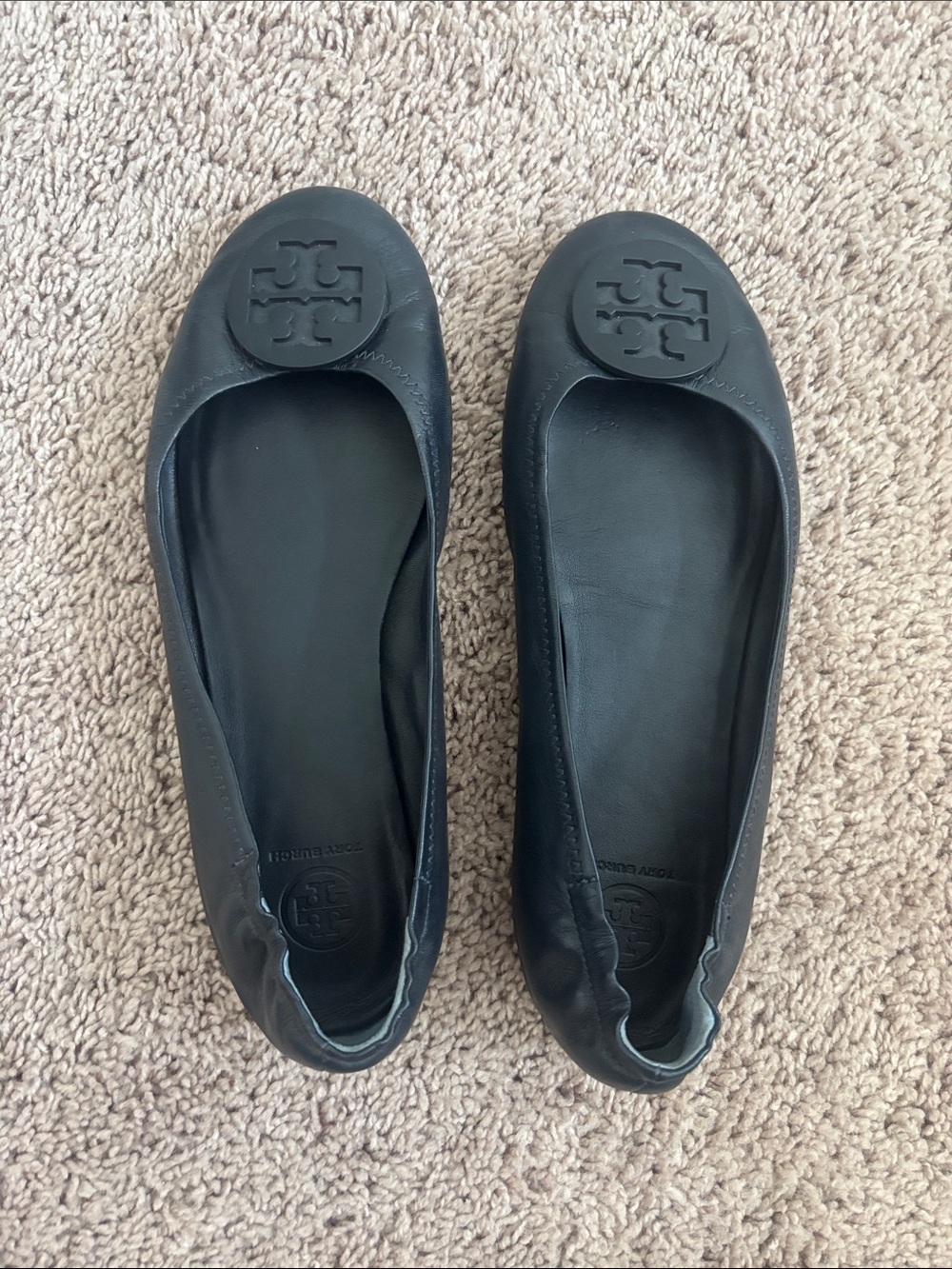 Tory Burch Navy Leather Logo Round-Toe Flats